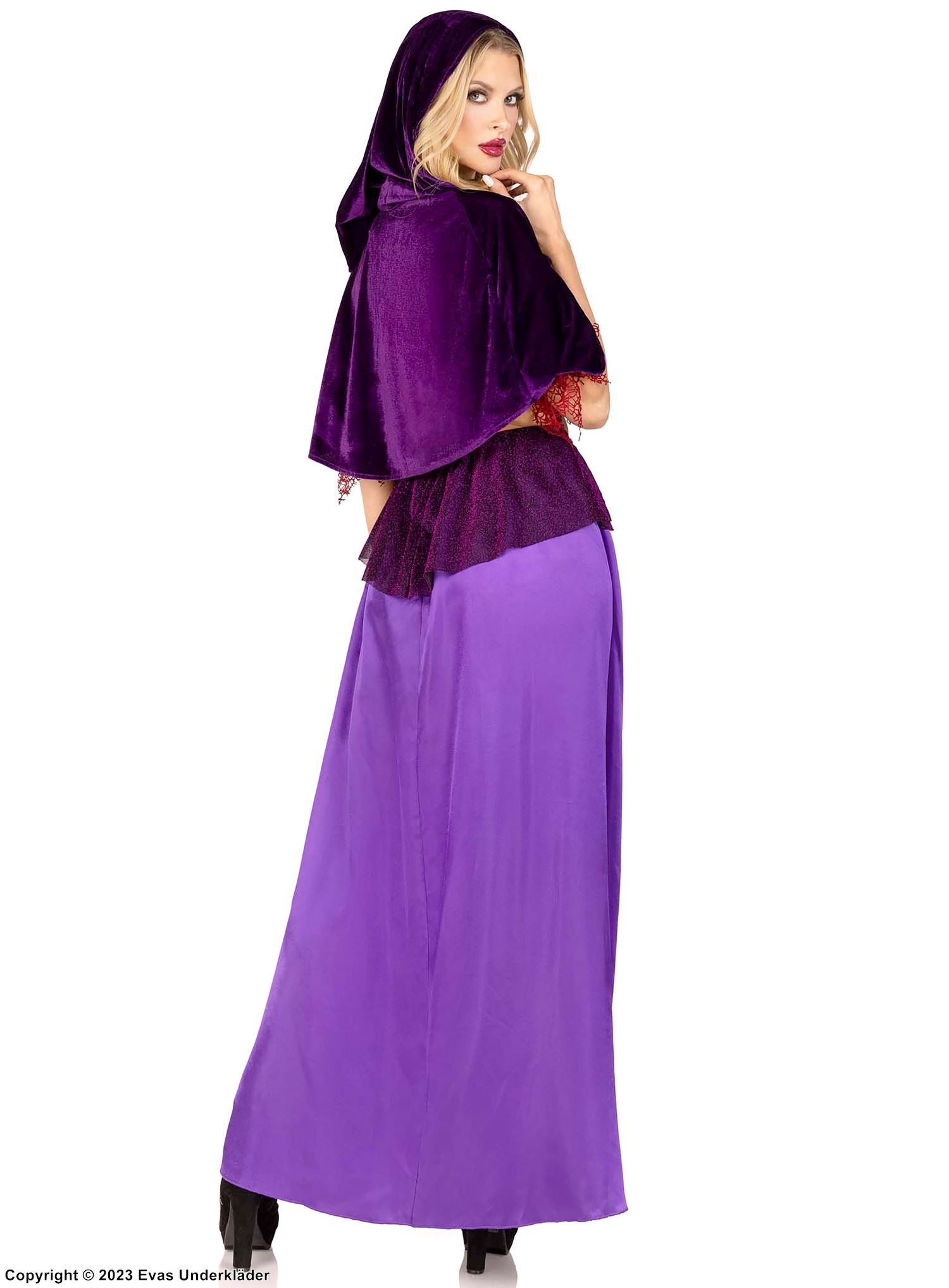 Witch, top and skirt costume, velvet, high slit, off shoulder